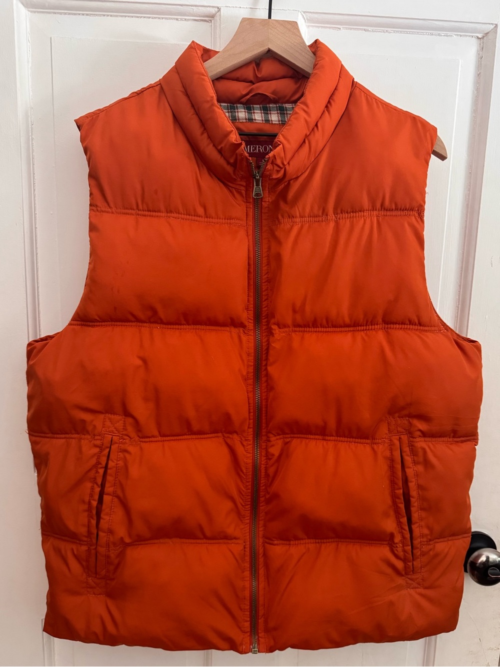 Merona Orange Puffer Vest Plaid Collar Lining Men's Size Large